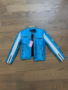 THE MIGHTY COMPANY Metallic Blue Motorcycle Jacket with White Stripes